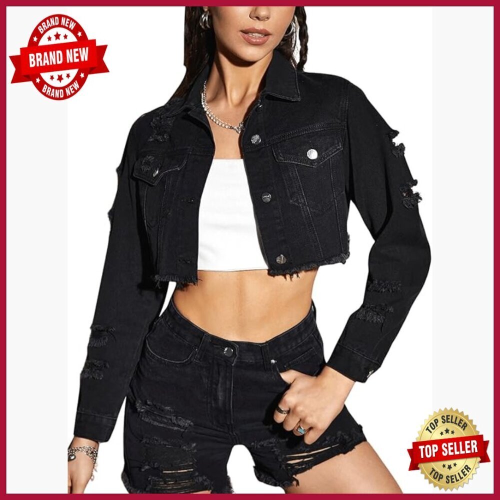 Women's Distressed Denim Jacket Button Front Crop Raw Hem Casual